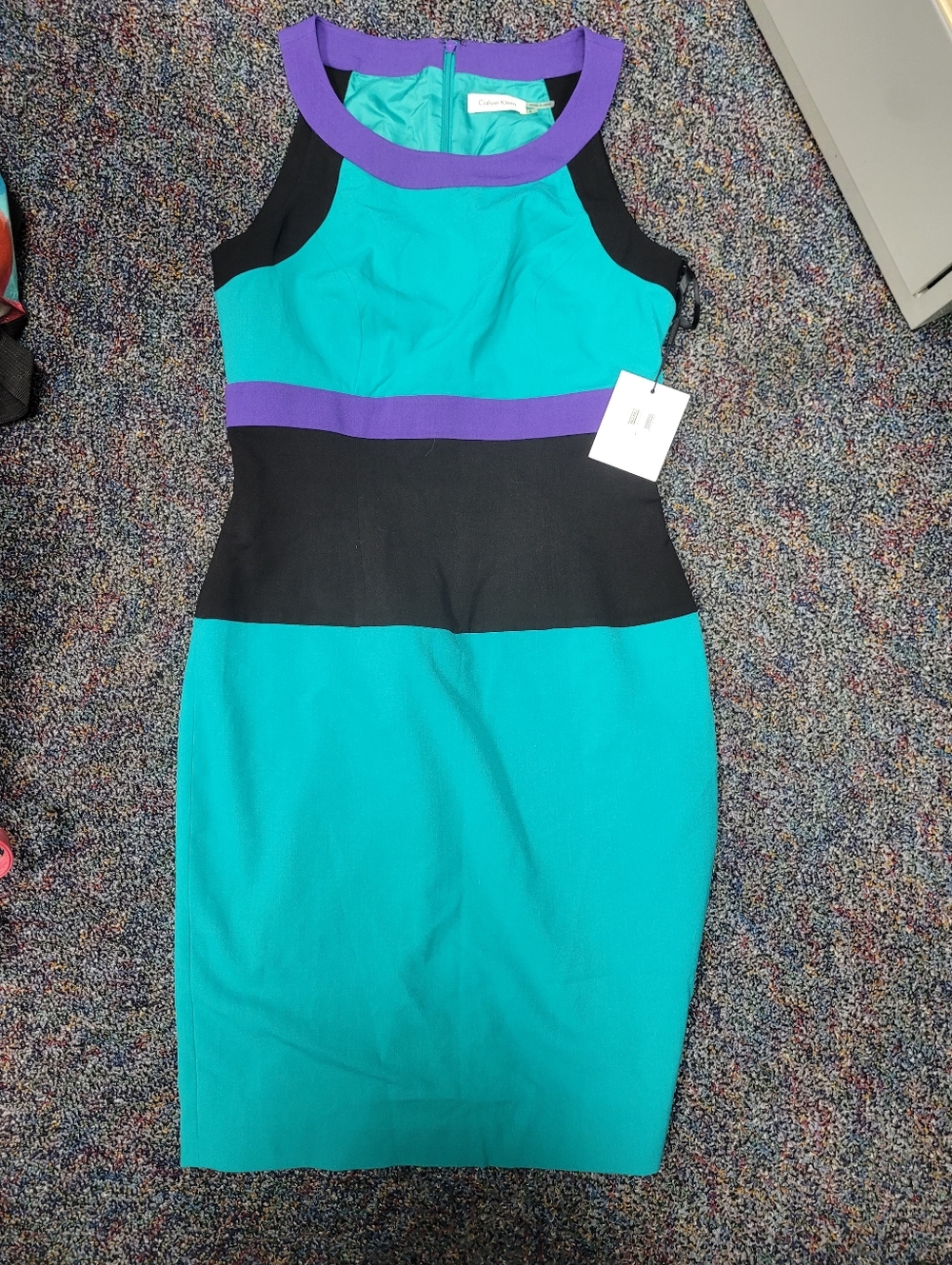 Calvin Klein Teal Sheath Dress with Purple Trim and Black Panels